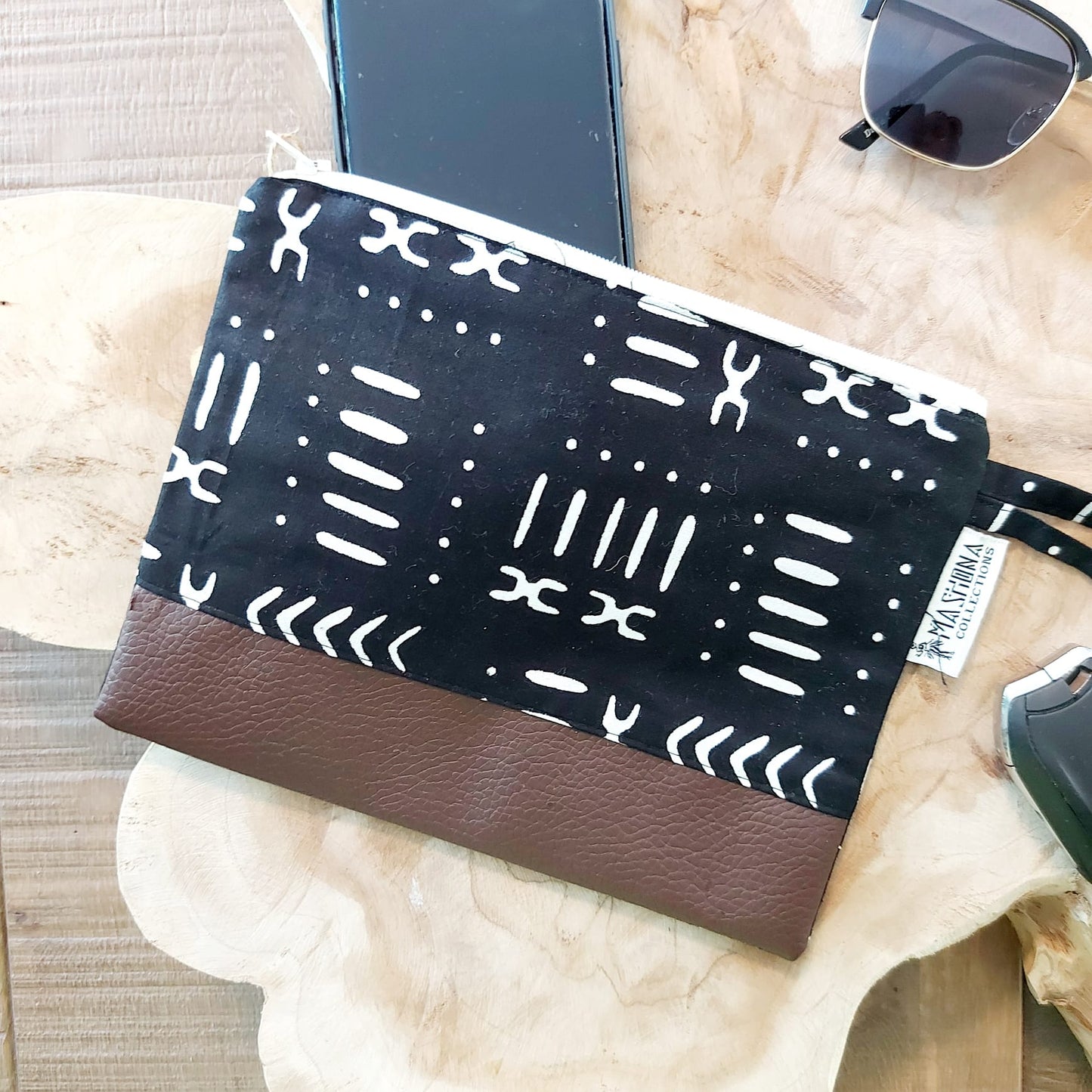 African Print Zipper Pouch – Eco-Friendly Makeup Bag, Pencil Case & Travel Organizer | Vegan Leather Detail