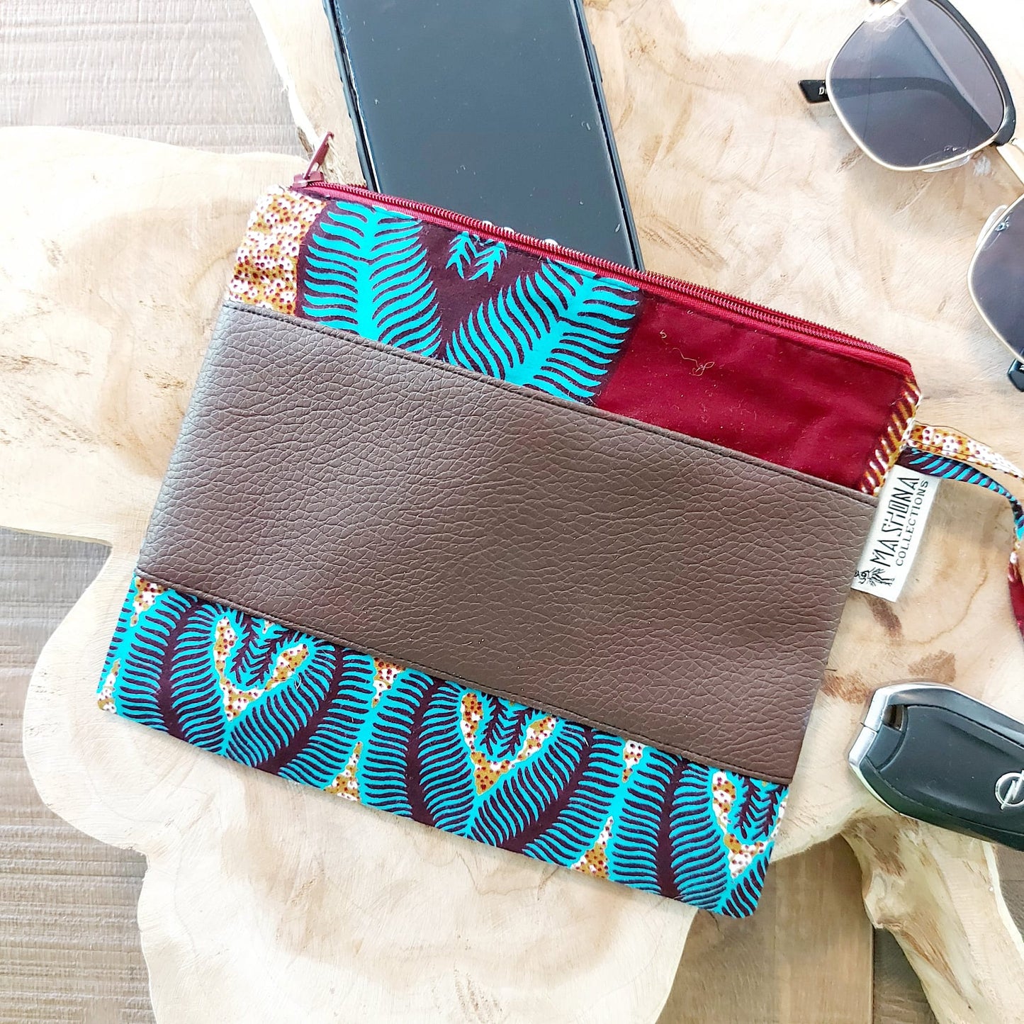 African Print Zipper Pouch – Eco-Friendly Makeup Bag, Pencil Case & Travel Organizer | Vegan Leather Detail