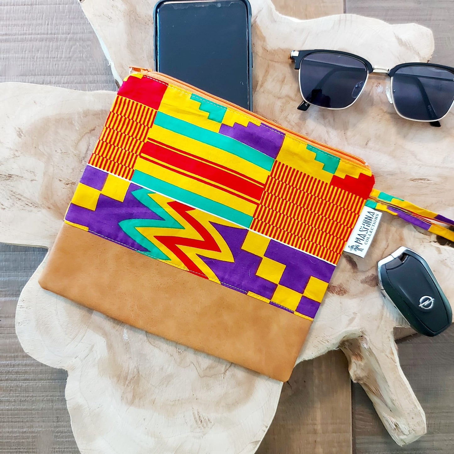 African Print Zipper Pouch – Eco-Friendly Makeup Bag, Pencil Case & Travel Organizer | Vegan Leather Detail