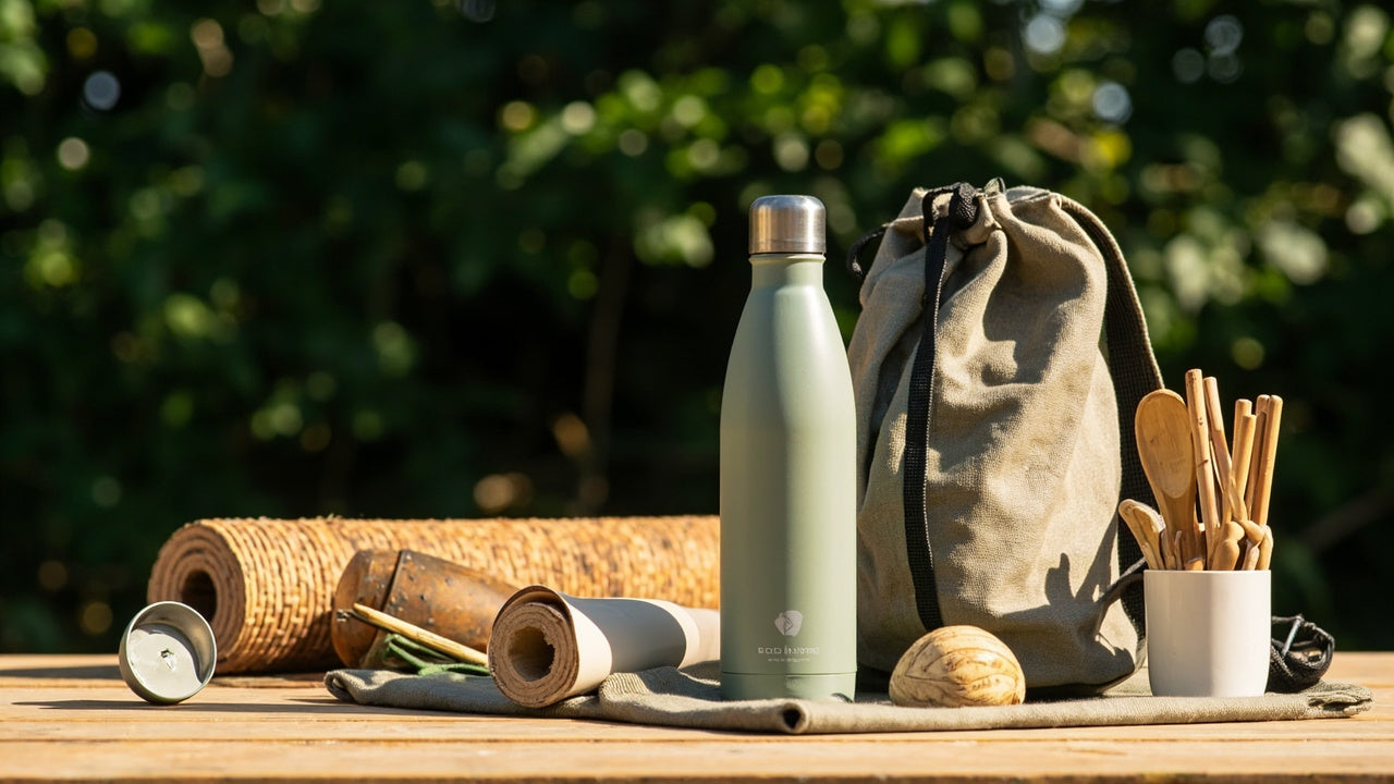 Sustainable sports and outdoor products including cork yoga mats, eco-friendly water bottles, and natural wooden workout accessories for an active and environmentally conscious lifestyle